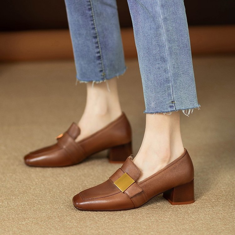 Genuine Leather Square Toe Chunky Heel Loafers