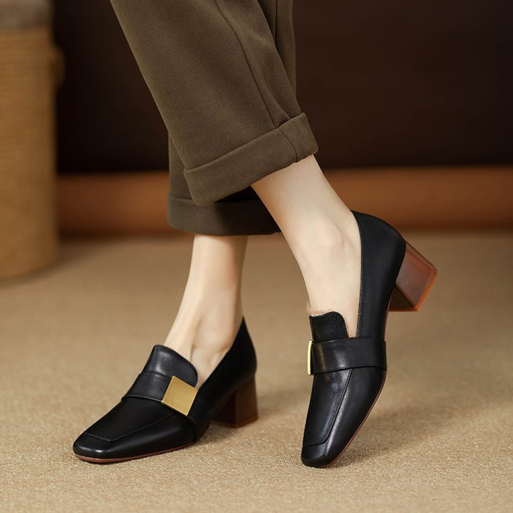 Genuine Leather Square Toe Chunky Heel Loafers
