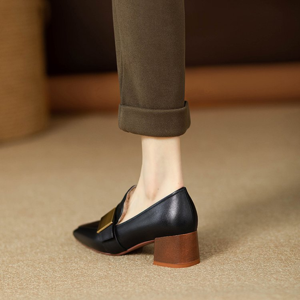 Genuine Leather Square Toe Chunky Heel Loafers