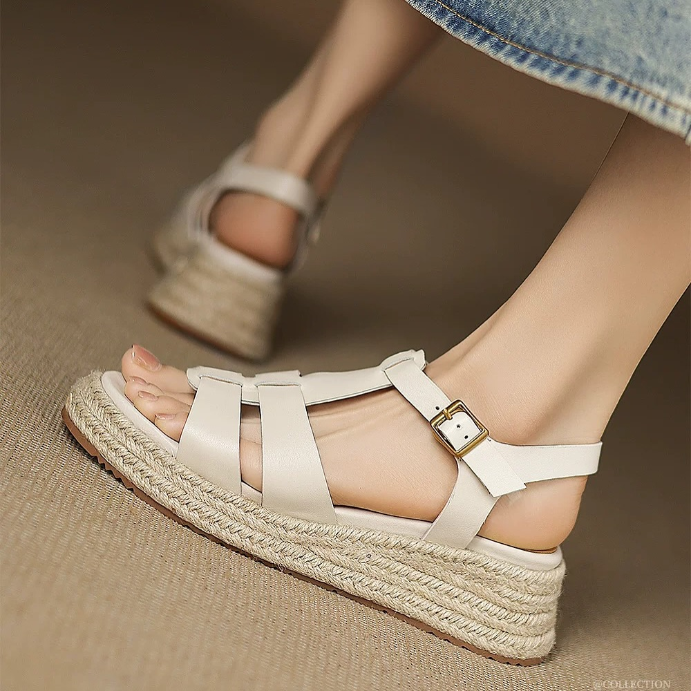 Thick-soled Mid-heeled Leather Casual Sandals