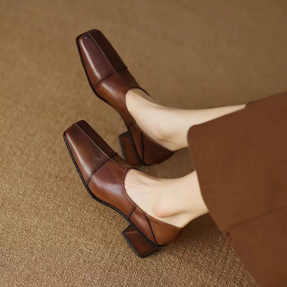 Soft Leather Fashion Retro Square Toe Thick Heel Deep-cut Shoes