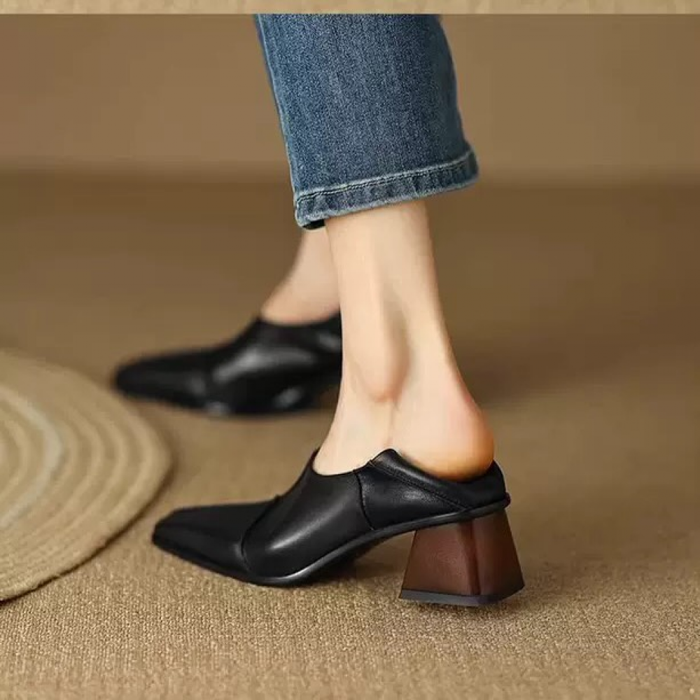 Soft Leather Fashion Retro Square Toe Thick Heel Deep-cut Shoes
