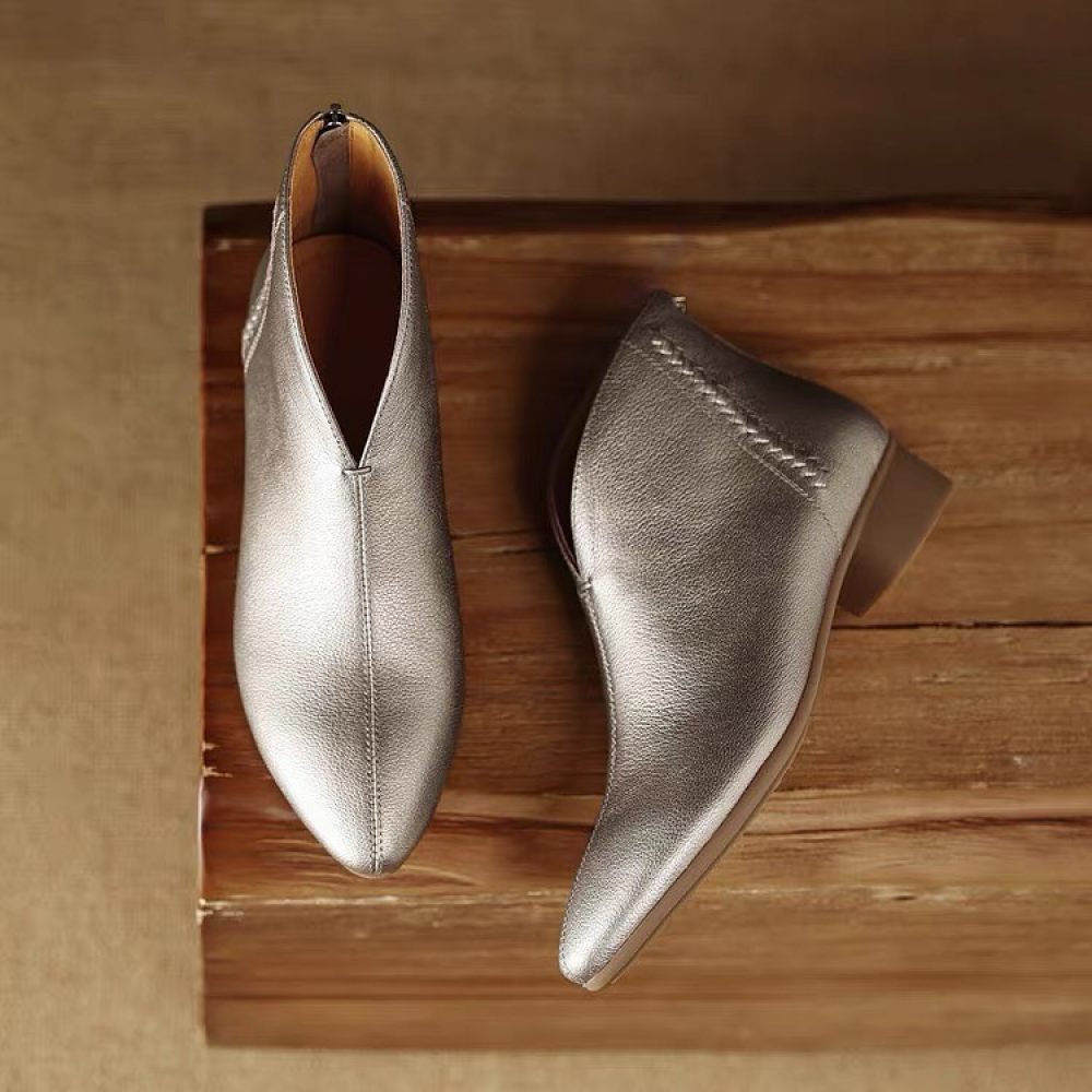 Soft Leather Ankle Boots With Pointed Toe and Low Thick Heel