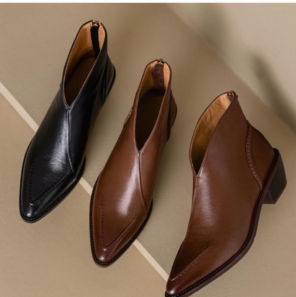 First-layer Leather Pointed Toe Chunky Heel Ankle Boots