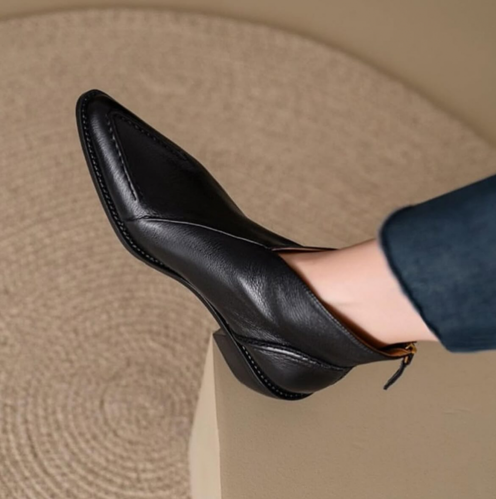First-layer Leather Pointed Toe Chunky Heel Ankle Boots