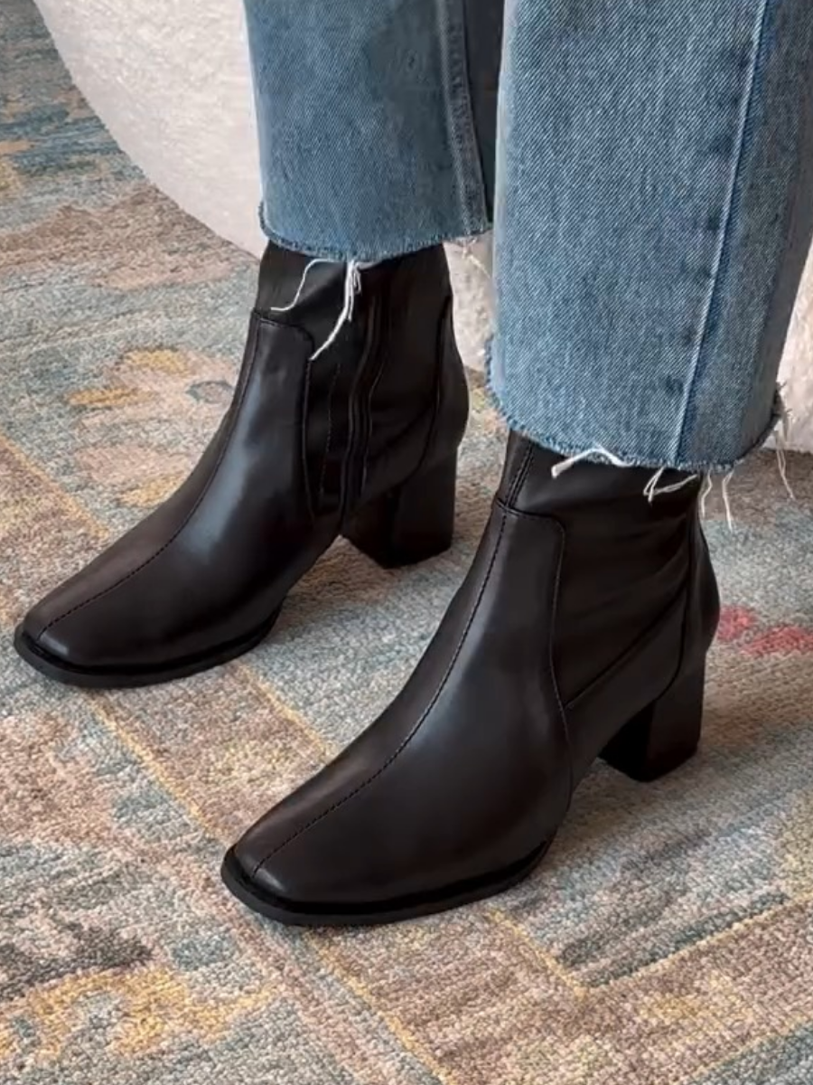 Genuine Leather Chunky Heel Ankle Boots