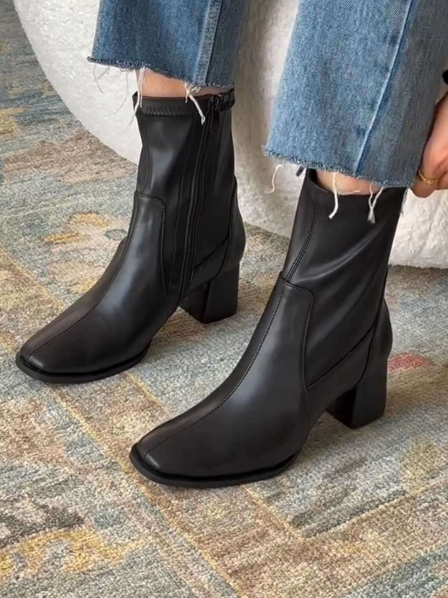 Genuine Leather Chunky Heel Ankle Boots