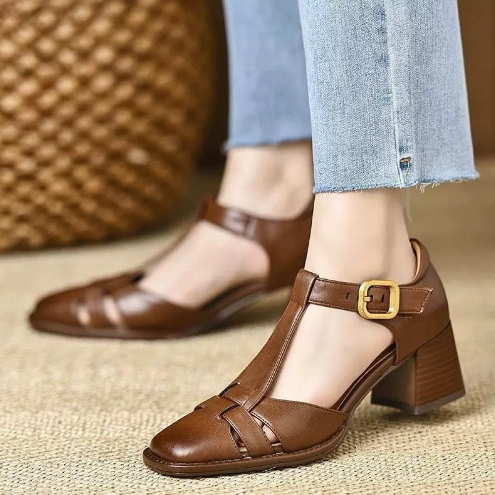 Square Toe Block Heel Hollow Buckle Sandals