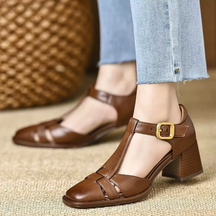 Square Toe Block Heel Hollow Buckle Sandals