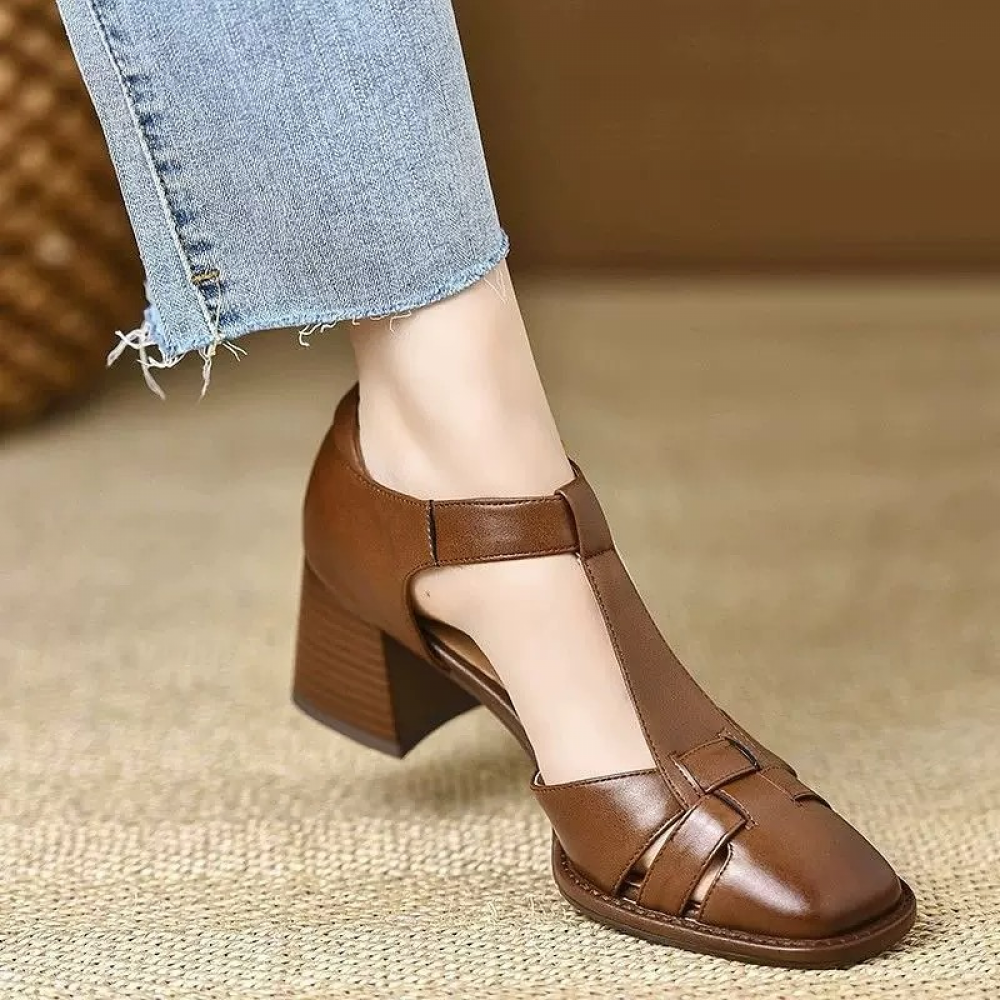Square Toe Block Heel Hollow Buckle Sandals