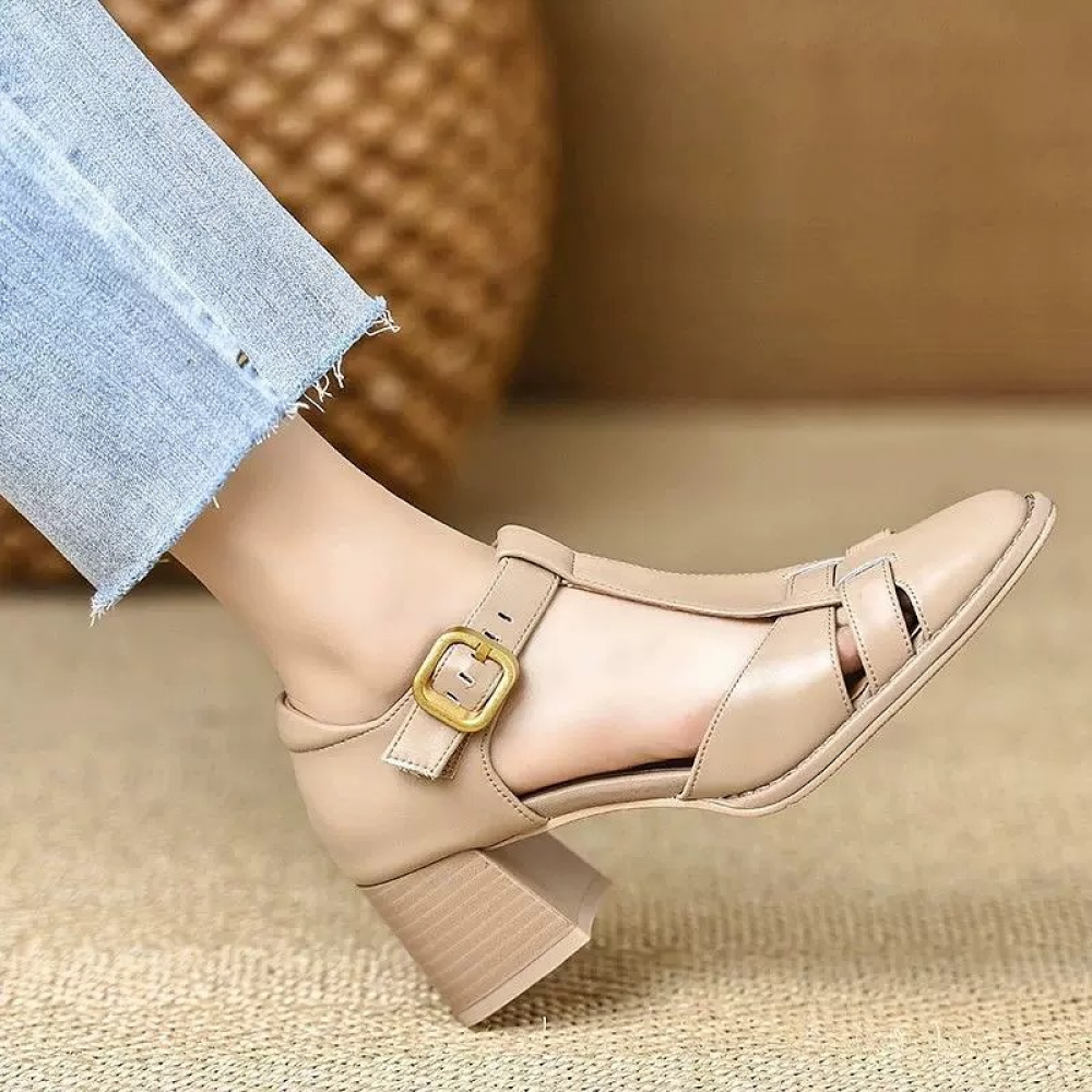 Square Toe Block Heel Hollow Buckle Sandals