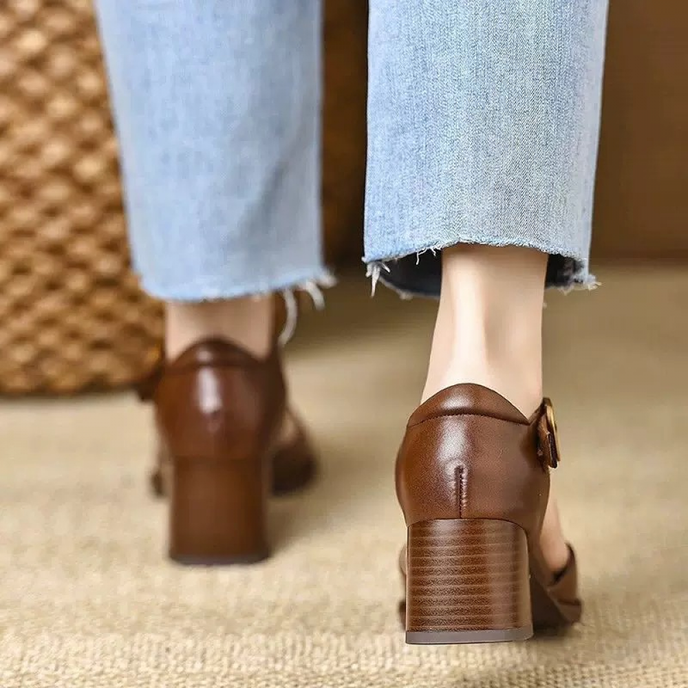 Square Toe Block Heel Hollow Buckle Sandals