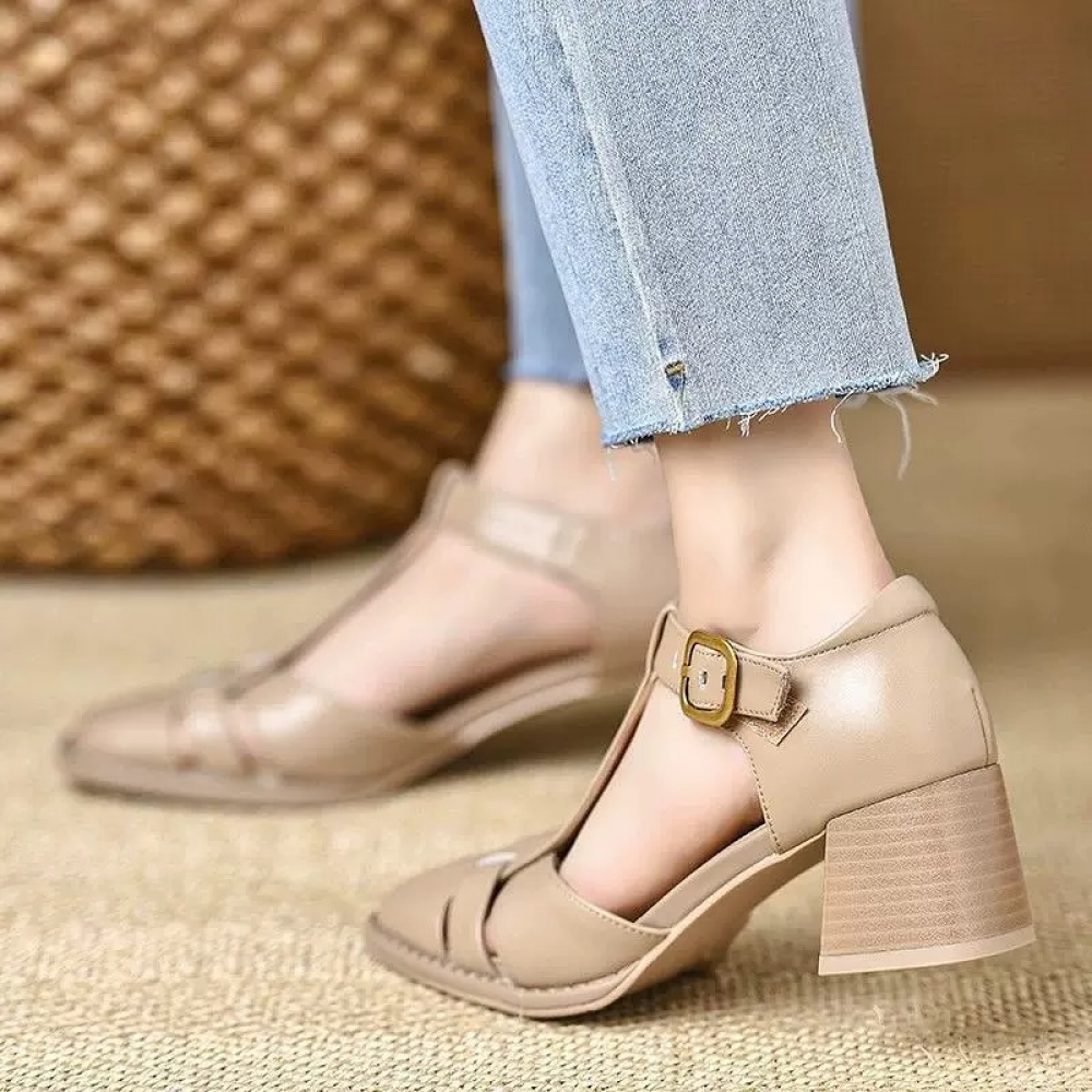 Square Toe Block Heel Hollow Buckle Sandals