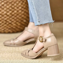 Square Toe Block Heel Hollow Buckle Sandals