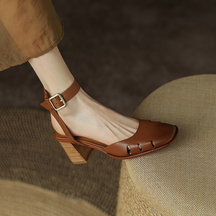 Block-heeled Cutout Leather Sandals
