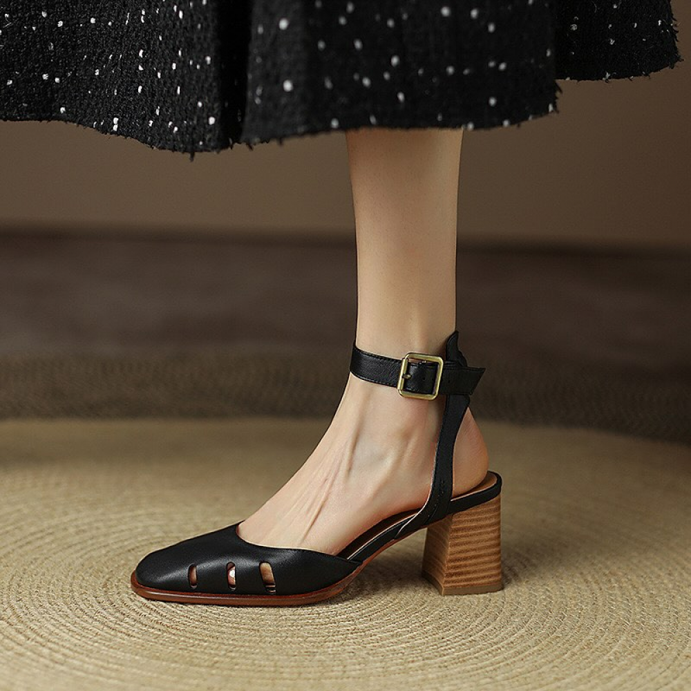 Block-heeled Cutout Leather Sandals