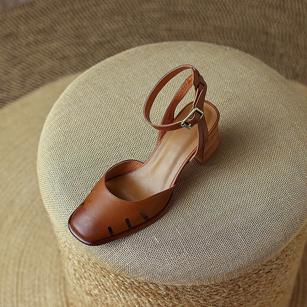 Block-heeled Cutout Leather Sandals