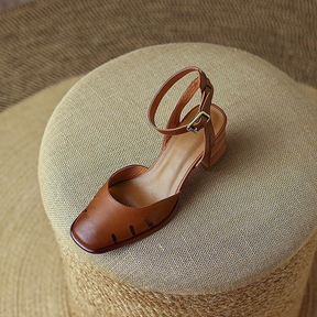 Block-heeled Cutout Leather Sandals