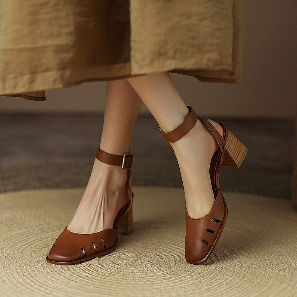 Block-heeled Cutout Leather Sandals