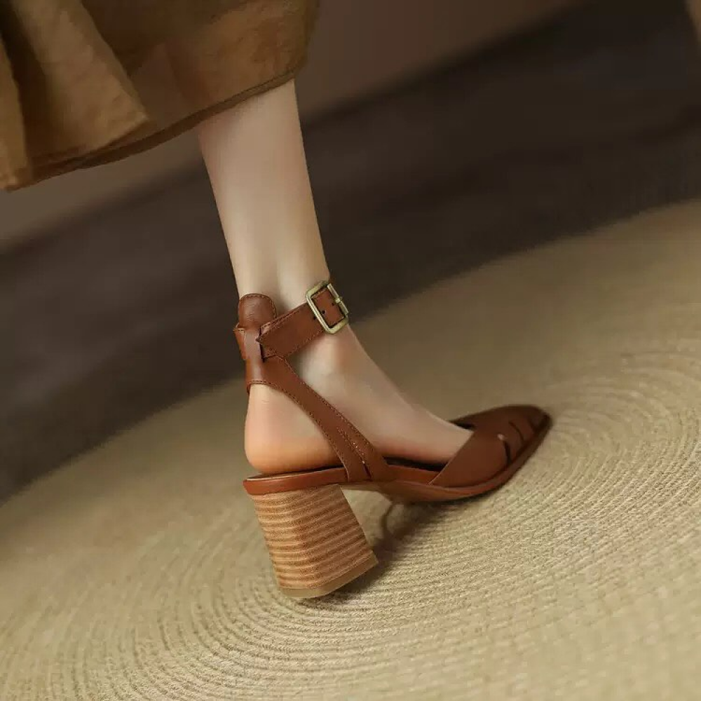 Block-heeled Cutout Leather Sandals