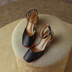 Block-heeled Cutout Leather Sandals