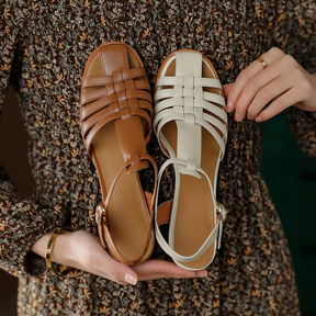 Retro Hollow Thick Heel Closed Toe Leather Sandals