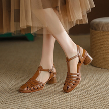 Retro Hollow Thick Heel Closed Toe Leather Sandals