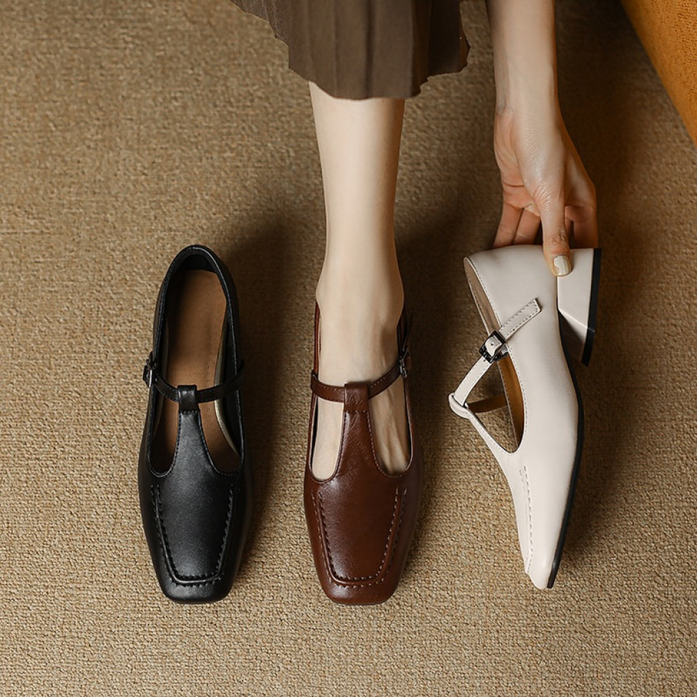 Vintage Leather Square Toe Low Heel Mary Jane Shoes
