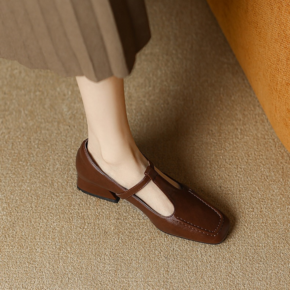Vintage Leather Square Toe Low Heel Mary Jane Shoes