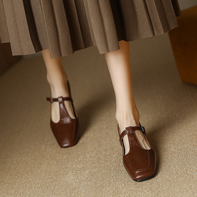 Vintage Leather Square Toe Low Heel Mary Jane Shoes