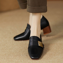 Genuine Leather Square Toe Chunky Heel Loafers