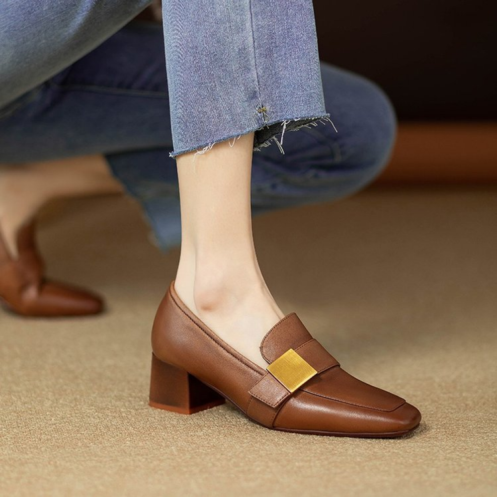 Genuine Leather Square Toe Chunky Heel Loafers