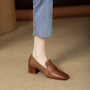 Genuine Leather Square Toe Chunky Heel Loafers