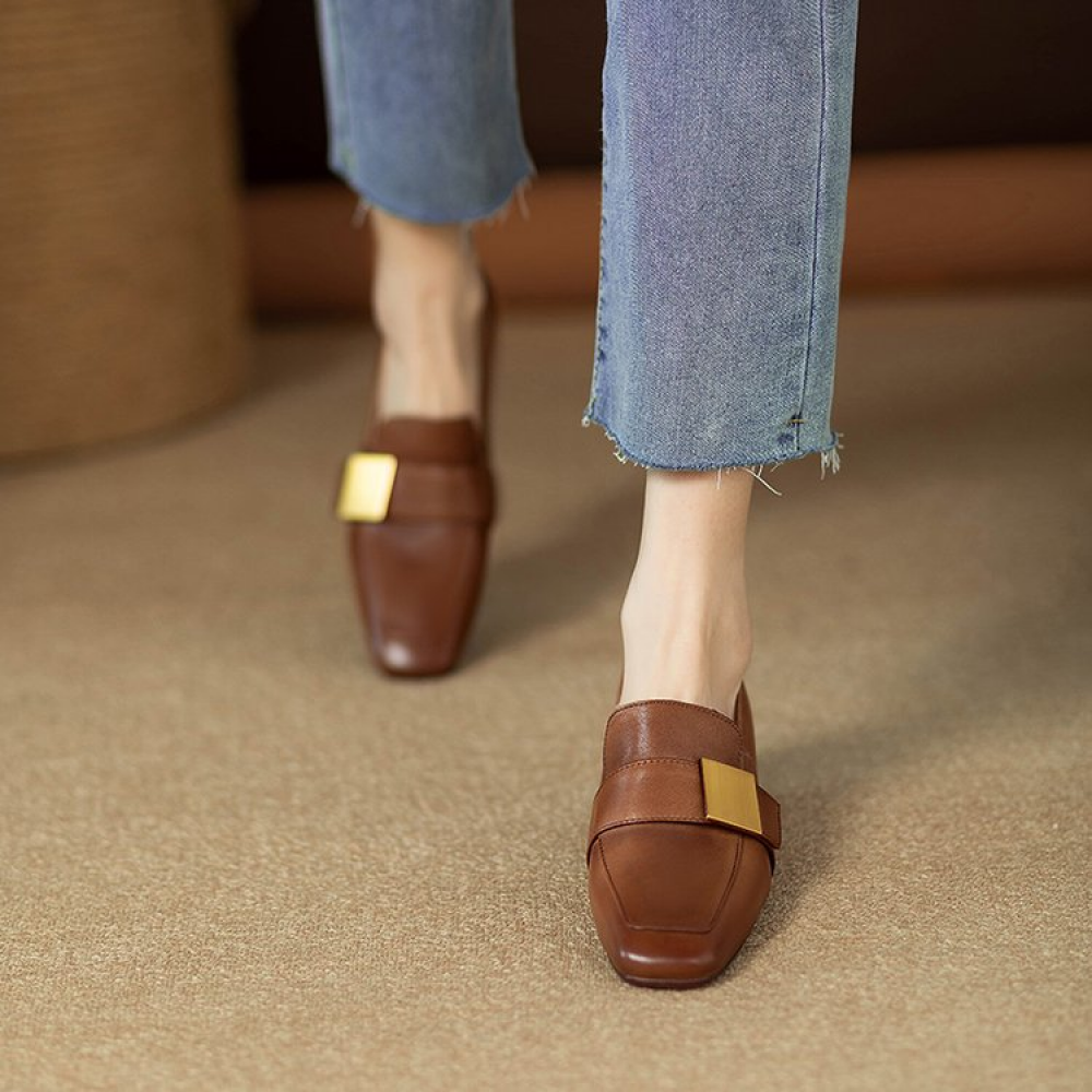 Genuine Leather Square Toe Chunky Heel Loafers