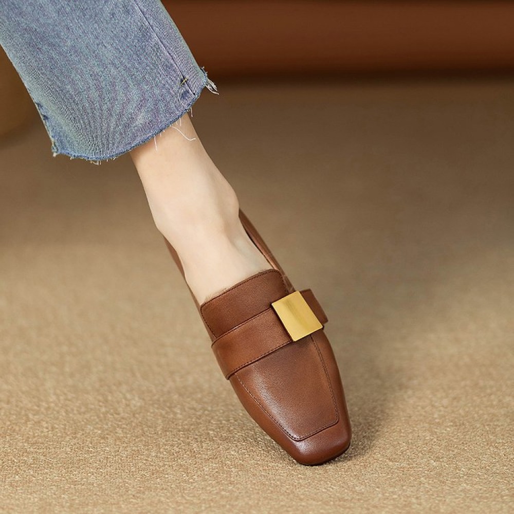 Genuine Leather Square Toe Chunky Heel Loafers