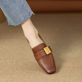 Genuine Leather Square Toe Chunky Heel Loafers