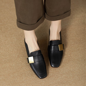 Genuine Leather Square Toe Chunky Heel Loafers