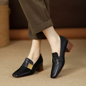 Genuine Leather Square Toe Chunky Heel Loafers