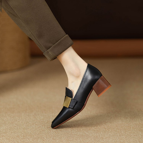 Genuine Leather Square Toe Chunky Heel Loafers