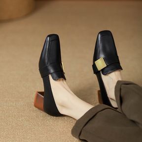 Genuine Leather Square Toe Chunky Heel Loafers