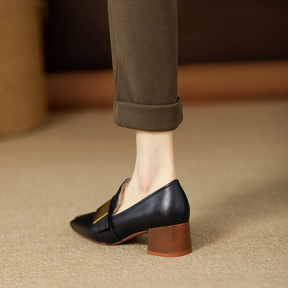Genuine Leather Square Toe Chunky Heel Loafers