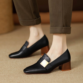 Genuine Leather Square Toe Chunky Heel Loafers