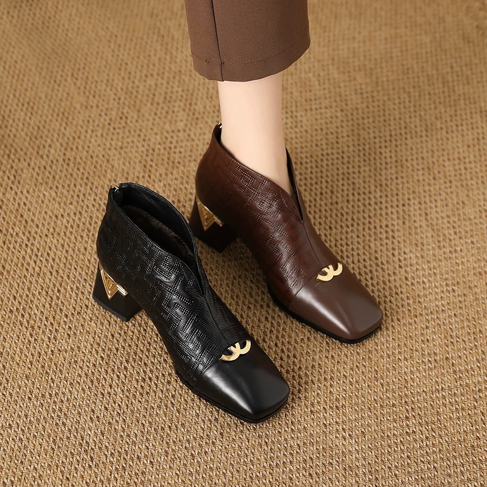 Comfortable Block Heel Square Toe Exquisite Leather Shoes
