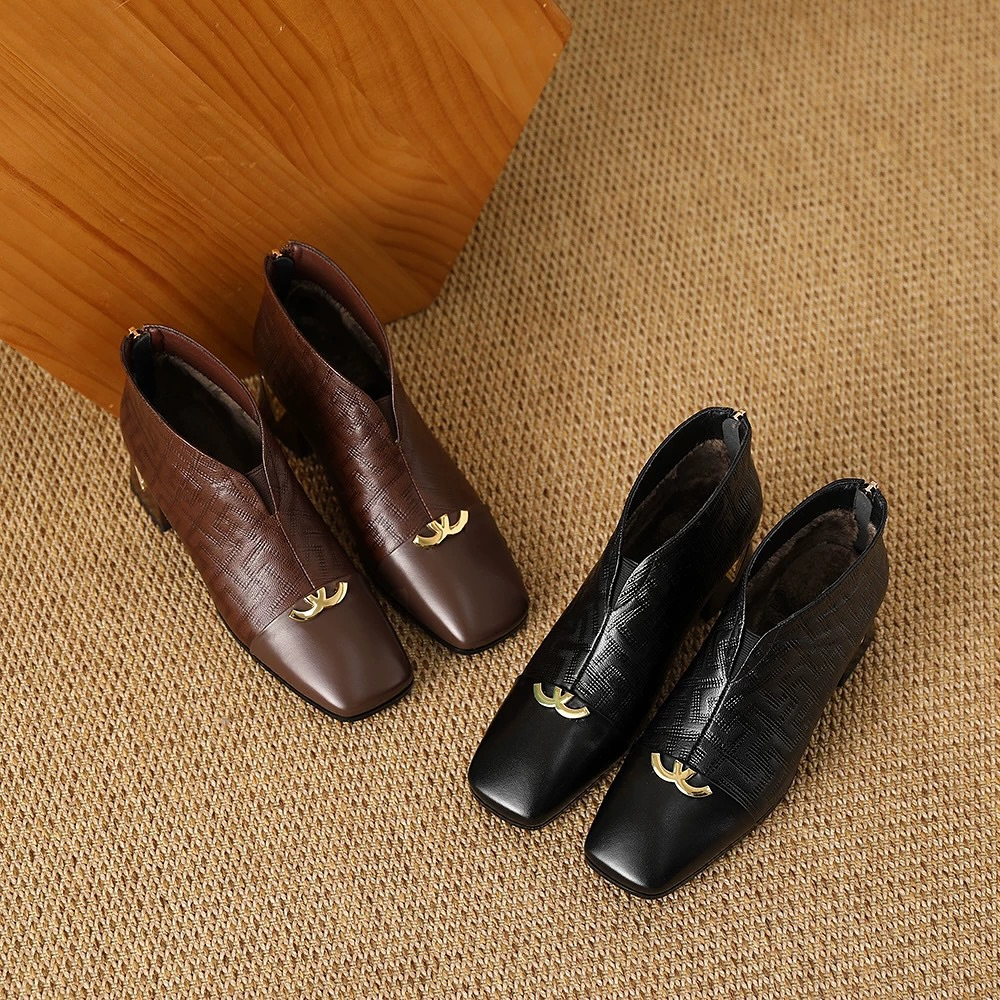 Comfortable Block Heel Square Toe Exquisite Leather Shoes
