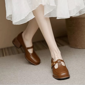 Chunky Heeled Square-toed Leather Shoes