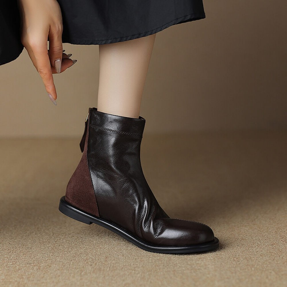 Spliced Round Toe Soft Leather Soft Sole Versatile Martin Shoes
