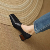 Soft Leather Fashion Retro Square Toe Thick Heel Deep-cut Shoes