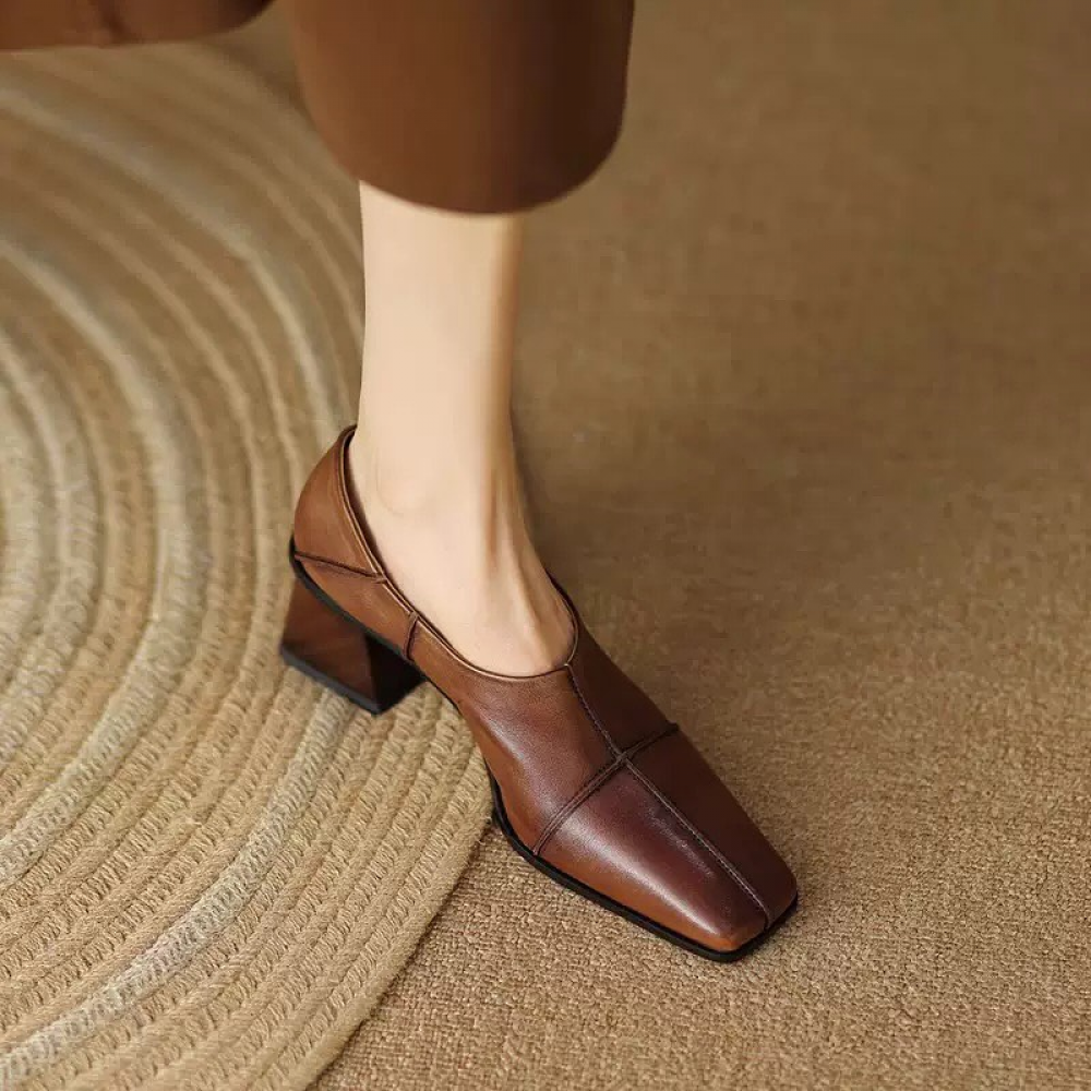 Soft Leather Fashion Retro Square Toe Thick Heel Deep-cut Shoes