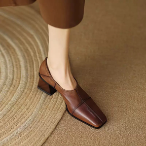 Soft Leather Fashion Retro Square Toe Thick Heel Deep-cut Shoes