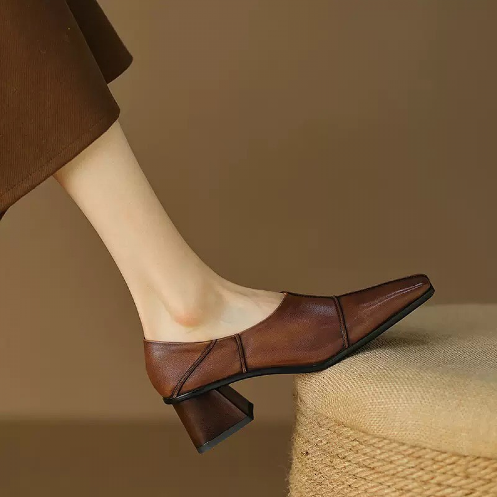 Soft Leather Fashion Retro Square Toe Thick Heel Deep-cut Shoes